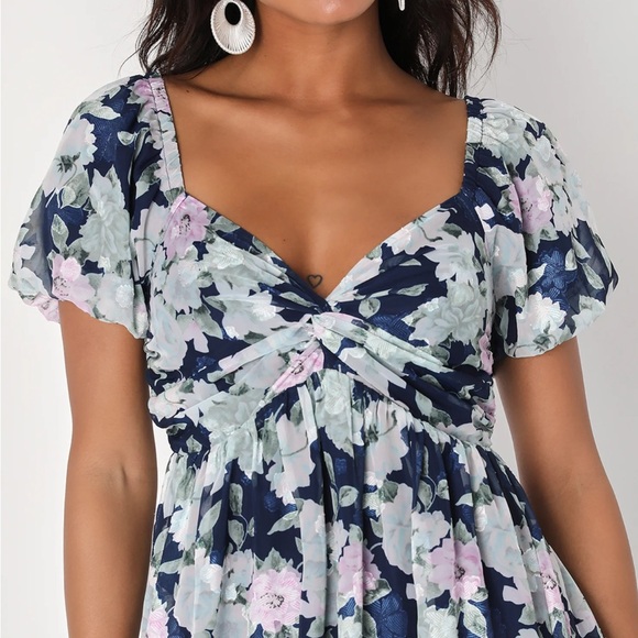 Fresh Florals Navy Blue Floral Print Puff Sleeve Mini Dress - Picture 5 of 5